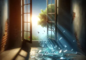 seeing broken glass in dream meaning _ Finally, the window is depicted with broken glass scattered on the floor, underlining a moment of breakthrough or significant transformation in the dreamer's journey.