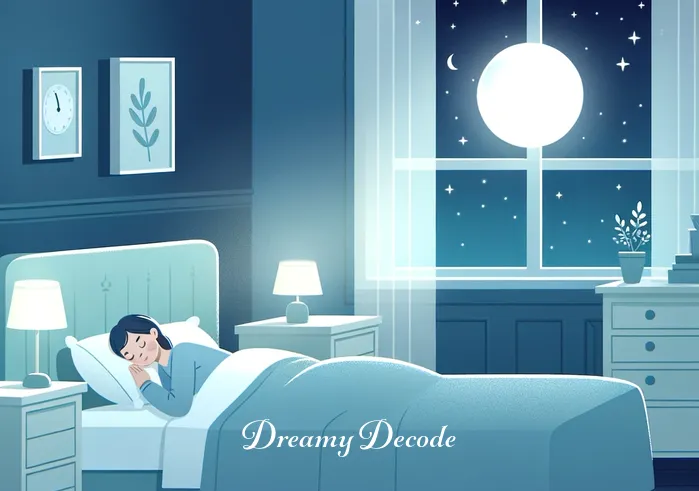 spiritual meaning of broken eggs in a dream _ A serene bedroom at night, bathed in soft moonlight. A person peacefully asleep, with a faint smile on their face, hinting at the beginning of a dream journey. The room is tidy and calming, with gentle colors and a large window showcasing a starry sky.
