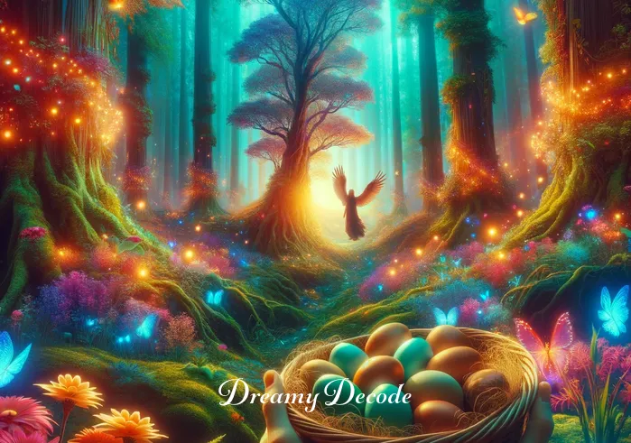spiritual meaning of broken eggs in a dream _ The dream sequence continues with the person finding themselves in a mystical forest, holding a basket of pristine, unbroken eggs. The forest is ethereal, with vibrant flora and glowing lights, creating an atmosphere of enchantment and spiritual significance.