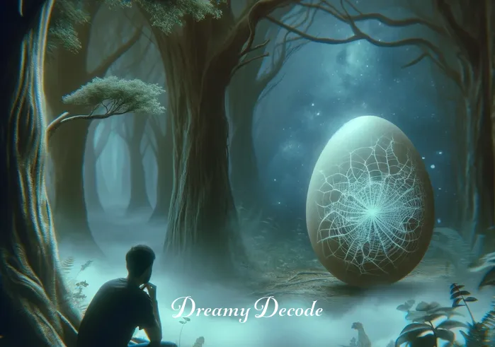 spiritual meaning of broken eggs in a dream _ A sudden shift in the dream. One of the eggs from the basket falls to the ground, cracking open upon impact. The surrounding forest dims slightly, reflecting a change in the dream