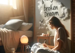 spiritual meaning of broken eggs in a dream _ The final scene shows the person waking up from the dream, sitting on their bed in the early morning light. They hold a journal, thoughtfully writing down the dream's details, especially focusing on the broken egg, symbolizing reflection and understanding of the dream's spiritual message.