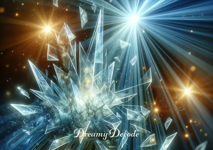 spiritual meaning of broken glass in a dream _ A dream sequence where the cracked glass figurine has now completely shattered, scattering sparkling fragments across a reflective surface. The scene conveys a sense of release and the breaking of barriers, illuminated by a soft, ethereal glow.