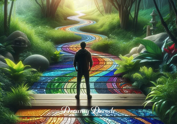 stepping on broken glass dream meaning _ A person stands at the edge of a path made of brightly colored mosaic glass pieces, symbolizing the beginning of a journey. The path winds through a serene, lush garden, suggesting a sense of starting a new, albeit uncertain, adventure.