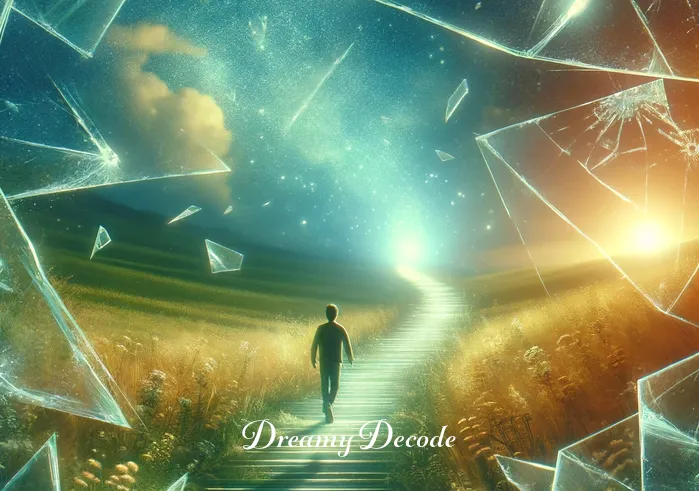walking on broken glass dream meaning _ In the final image, the dreamer reaches the end of the glass path and steps onto a lush, green meadow. The broken glass path behind them sparkles in the dream's soft light, representing personal growth and the triumph over challenging situations. The dreamer looks forward with a sense of accomplishment and hope.