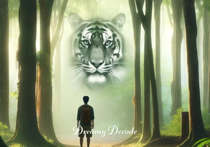 tiger attack dream meaning _ A person standing in a peaceful forest, looking curiously at a distant, faint image of a tiger. The tiger is partially obscured by trees, giving a sense of mystery and intrigue but no immediate danger.