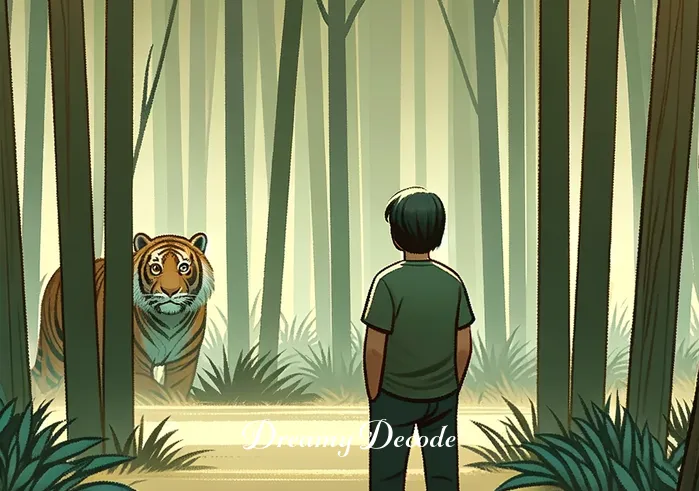 tiger attack dream meaning _ The same person now looking slightly apprehensive, as the tiger appears closer and more visible among the trees. The tiger