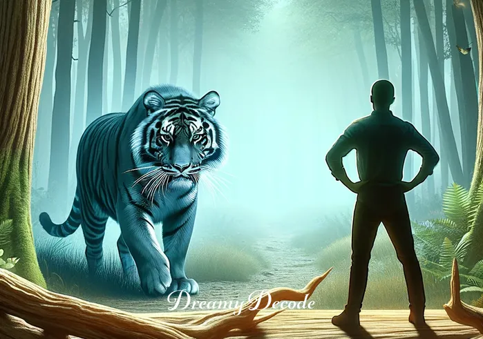 tiger attack dream meaning _ The person in a stance of cautious understanding, with the tiger now in clear view but not attacking. The scene captures a moment of mutual recognition, symbolizing confrontation with fears or challenges.