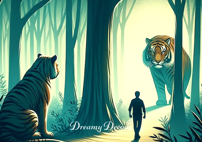 tiger attack dream meaning _ A final image of the person walking away calmly from the tiger, which remains in its place, symbolizing overcoming fear or conflict. The forest appears brighter, indicating a sense of resolution and peace.