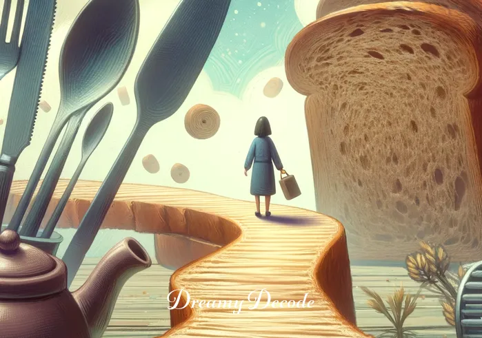 brown bread dream meaning _ A dream-like illustration showing the person walking on a path made of slices of brown bread. The surrounding landscape is whimsical and surreal, with oversized kitchen items like a teapot and cutlery in the background. The person appears smaller in comparison, emphasizing the dream-like quality of the scene.