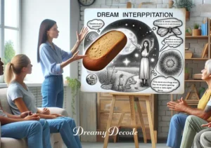 brown bread dream meaning _ The final image depicts the person sharing their findings with a small group of attentive listeners in a cozy living room. They are holding the loaf of brown bread as a visual aid, pointing to it while explaining their interpretations. The listeners show various expressions of interest and intrigue.
