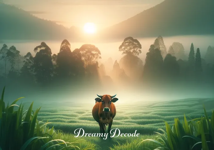 brown cow dream meaning _ A serene landscape at dawn with a single brown cow standing in a lush green field. The cow is looking directly at the viewer, symbolizing the beginning of a journey or realization in the dream context. A gentle mist surrounds the scene, adding a sense of mystery and calm.