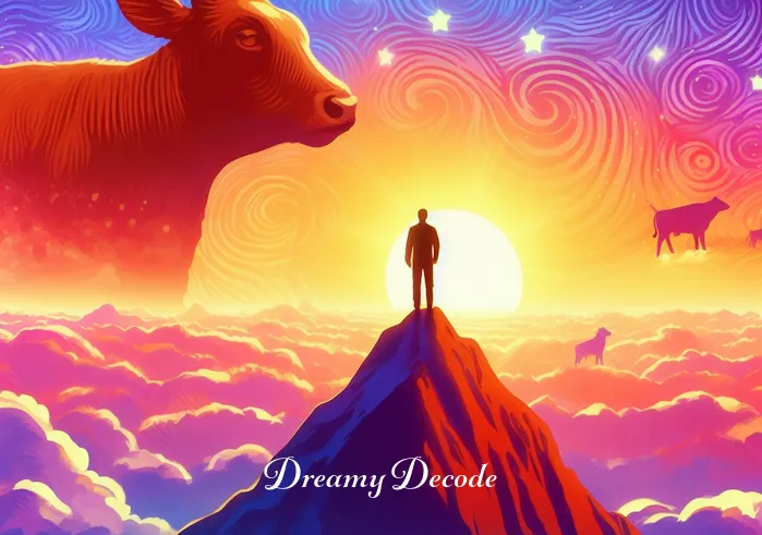 brown cow dream meaning _ The dreamer standing at the top of the mountain, gazing at a horizon where the sun is setting. The brown cow is now a small figure in the distance, symbolizing the dreamer's achievement of understanding and growth from the dream experience. The vibrant colors of the sunset represent fulfillment and enlightenment.