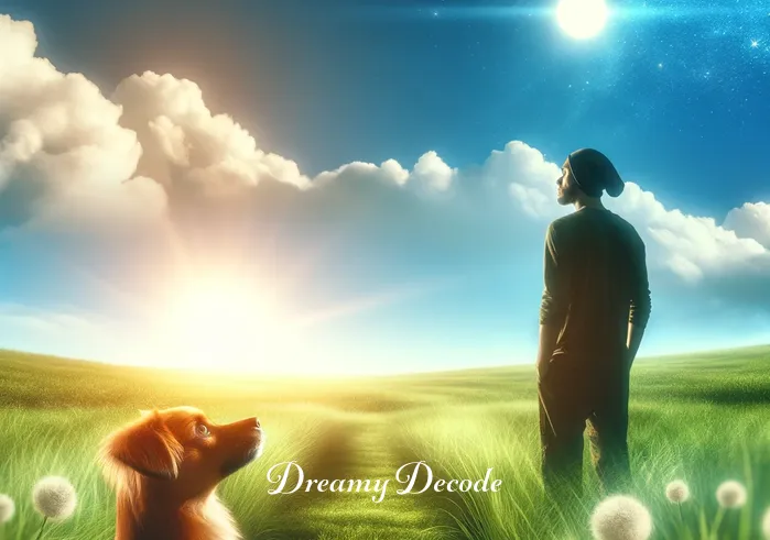 brown dog dream meaning _ A person standing in a peaceful, sunlit meadow, gazing thoughtfully at a small, brown dog that has appeared in their path. The dog looks up at them with friendly eyes, symbolizing the beginning of a meaningful dream journey.