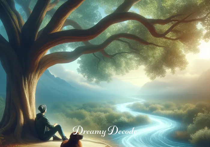 brown dog dream meaning _ The same person now sitting under a large oak tree, with the brown dog comfortably nestled beside them. They are both looking at a clear stream flowing nearby, suggesting a moment of reflection and inner peace in the dream.