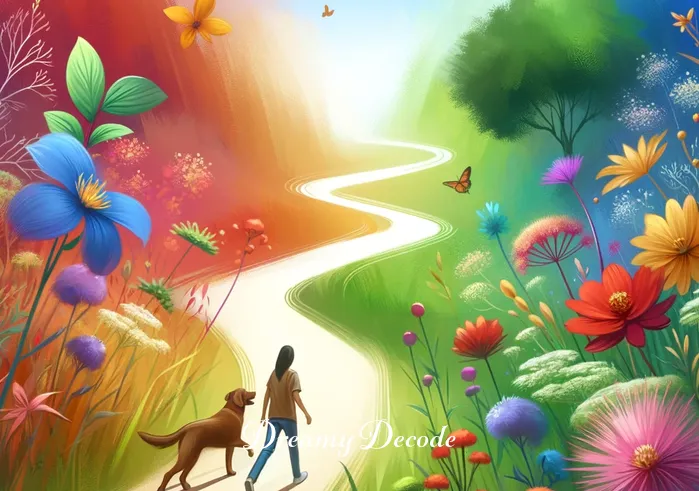 brown dog dream meaning _ The scene transitions to the person and the brown dog walking together along a winding path lined with colorful wildflowers. This signifies progress and companionship in the dreamer