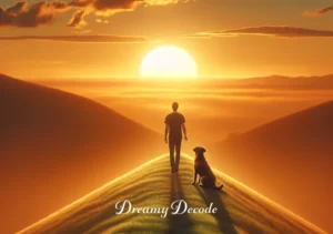 brown dog dream meaning _ Finally, the person is seen reaching the top of a gentle hill, with the brown dog sitting at their feet. They are both looking towards the horizon, bathed in the warm glow of sunset, symbolizing the dream's conclusion with a sense of fulfillment and enlightenment.