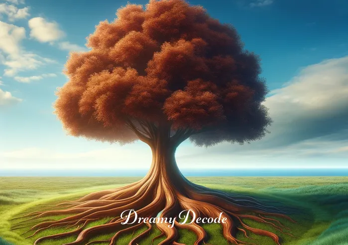 brown dream meaning _ A person standing in a serene meadow under a clear blue sky, looking contemplatively at a large, vivid brown tree. The tree