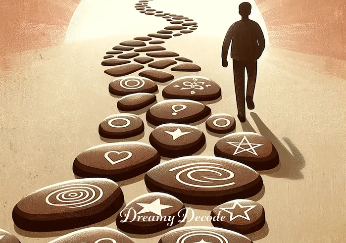 brown dream meaning _ The individual walking along a winding path lined with brown stones, each stone engraved with different symbols like hearts, stars, and circles. This symbolizes the journey of self-discovery and the exploration of one