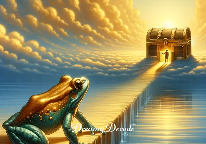 brown frog dream meaning _ The final scene in the dream cloud shows the frog reaching a golden treasure chest on the other side of the pond, representing the achievement of personal goals and the discovery of inner riches, concluding the dream sequence with a sense of accomplishment and enlightenment.