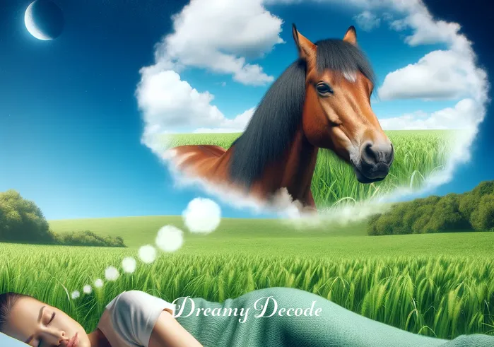 brown horse dream meaning _ A tranquil scene where a person is peacefully sleeping, and a gentle brown horse appears in their dream, symbolizing comfort and stability. The horse grazes in a lush, green meadow under a clear blue sky, embodying a sense of freedom and natural beauty.