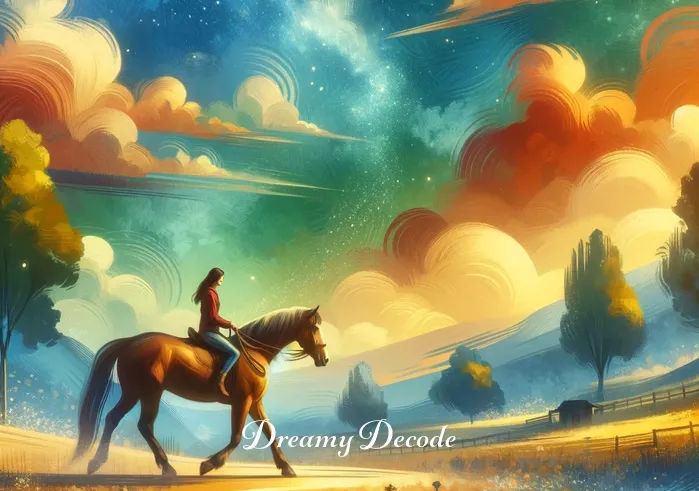 brown horse dream meaning _ The dream transitions to the person riding the brown horse through a picturesque landscape. The scene conveys a feeling of harmony and progress, as they move together with ease, symbolizing the dreamer