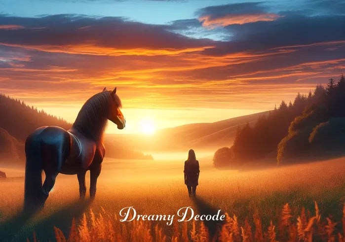 brown horse in dream meaning _ A person standing in a serene meadow at dusk, gazing at a majestic brown horse that appears in the distance. The horse, bathed in the soft glow of the setting sun, symbolizes a sense of freedom and natural beauty in the dream.