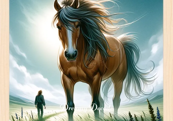 brown horse in dream meaning _ The brown horse now approaches the person in the meadow, its mane flowing gently in the breeze. This scene represents a developing connection or the arrival of a guiding presence in the person