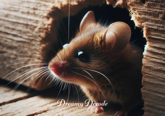 brown mouse dream meaning _ A brown mouse cautiously emerging from a small hole in a wooden wall, its whiskers twitching as it surveys its surroundings. The scene conveys a sense of curiosity and exploration, capturing the initial phase of an adventure.