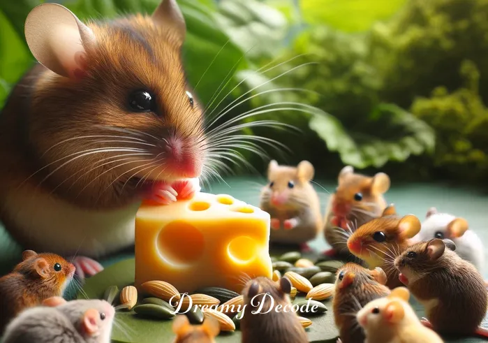 brown mouse dream meaning _ The brown mouse, now joined by other small animals, shares a meal of cheese and seeds on a leafy ground. This scene represents community and sharing, depicting a harmonious gathering that implies the importance of connections and support in one