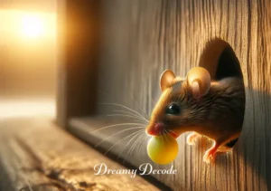 brown mouse dream meaning _ The brown mouse returns to its hole in the wooden wall, carrying a tiny, bright object in its mouth. The environment is peaceful, with the early rays of sunrise filtering through. This final image signifies the culmination of a journey, highlighting themes of accomplishment and the return to comfort and safety.