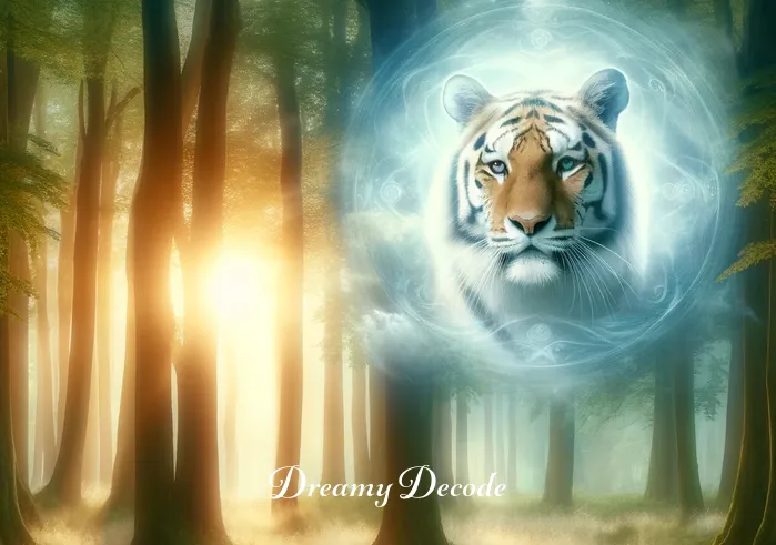 tiger attack dream meaning in hinduism _ A serene, mystical forest with a gentle, ethereal tiger appearing in the midst of the trees, symbolizing the onset of a spiritual journey in a dream. The tiger