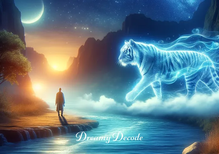 tiger attack dream meaning in hinduism _ A dreamer standing at the edge of a tranquil river, watching the ethereal tiger cross the water. This represents the progression of spiritual understanding in Hinduism, with the water symbolizing the flow of life and the tiger guiding the dreamer on their path.