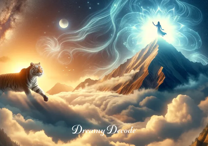 tiger attack dream meaning in hinduism _ The dreamer, now accompanied by the tiger, climbs a majestic mountain, embodying the pursuit of higher knowledge and enlightenment in Hinduism. The scenery is awe-inspiring, with the mountain peak touching the clouds and the landscape below bathed in a warm, radiant light.