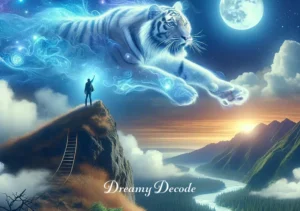tiger attack dream meaning in hinduism _ The dreamer reaches the mountain peak with the tiger by their side, symbolizing the attainment of spiritual insight and harmony in Hinduism. The scene overlooks a vast, breathtaking view of the forest and river below, under a sky filled with stars and a full moon, signifying the culmination of a profound spiritual journey.