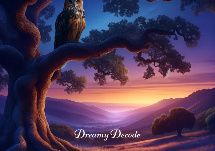 brown owl dream meaning _ A serene landscape at dusk with a majestic brown owl perched on an ancient oak tree. The owl