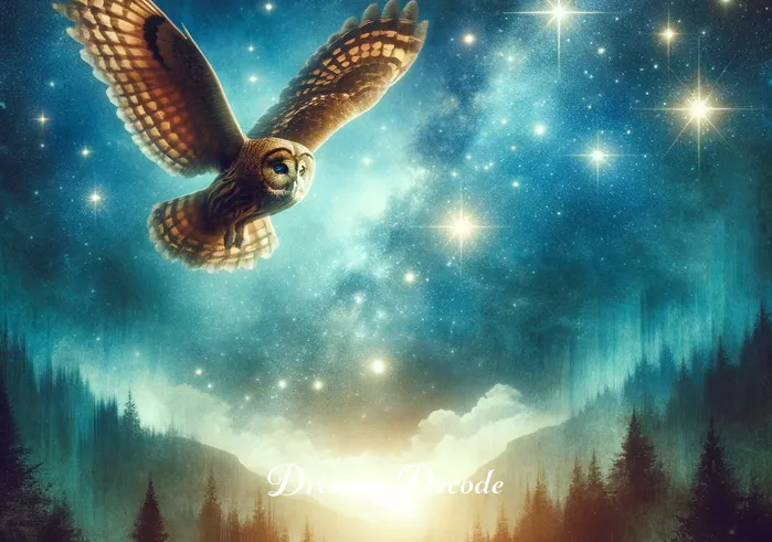 brown owl dream meaning _ A dreamlike scene where the same brown owl is seen flying gracefully under a starlit sky. The stars twinkle brightly, casting a mystical glow over the landscape below, which is a blend of shadowy forests and rolling hills. This represents the exploration of the unknown in one