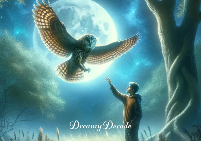 brown owl dream meaning _ An ethereal vision of the brown owl landing softly on a young person
