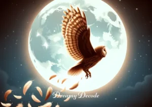 brown owl dream meaning _ A final scene depicting the brown owl ascending towards a bright, full moon in the night sky, leaving a trail of soft, glowing feathers behind. This symbolizes the culmination of the spiritual journey and the attainment of enlightenment, with the full moon representing completeness and the feathers signifying wisdom gained.
