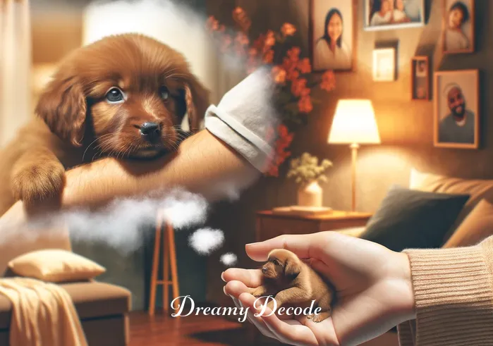 brown puppy dream meaning _ The dream shifts to a cozy indoor setting, where the same brown puppy is now gently nuzzling the dreamer