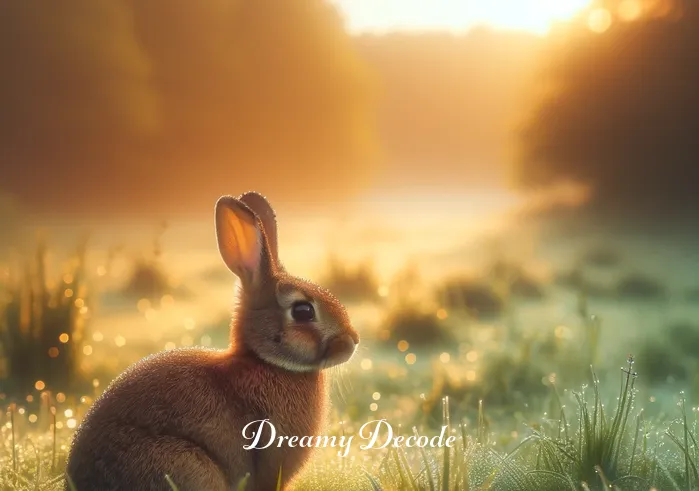 brown rabbit dream meaning _ A serene meadow at dawn, with dew glistening on the grass. In the center, a brown rabbit sits peacefully, its ears perked up and eyes bright, as if listening intently to the morning sounds. The soft golden light of sunrise bathes the scene, creating a sense of calm and tranquility.