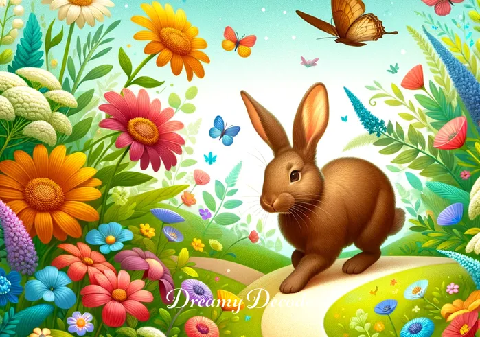 brown rabbit dream meaning _ A dream-like garden where the same brown rabbit is seen hopping playfully among vibrant flowers. Butterflies flutter around, and the rabbit seems to be following a winding path, symbolizing exploration and curiosity. The scene is colorful and lively, reflecting a sense of joy and discovery.