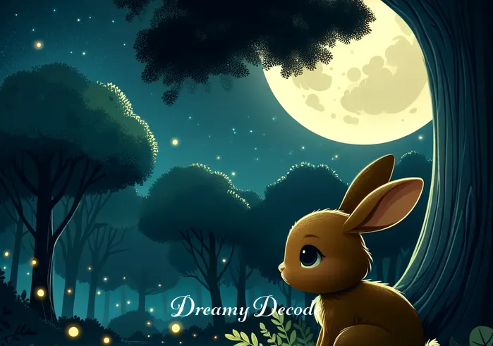 brown rabbit dream meaning _ A moonlit forest clearing, where the brown rabbit now sits quietly under a large oak tree. The moon casts a gentle glow, highlighting the rabbit