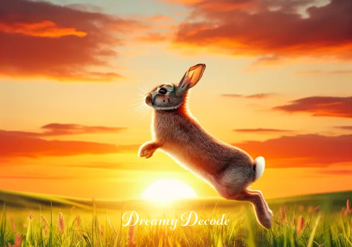 brown rabbit dream meaning _ The brown rabbit, now back in the meadow from the first image, is seen leaping joyfully as the sun sets. The sky is a canvas of warm oranges and pinks, symbolizing closure and fulfillment. The rabbit's movement and the vibrant sunset convey a feeling of contentment and the completion of a journey.