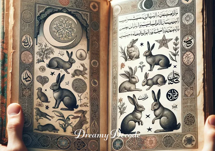 brown rabbit dream meaning islam _ A person holding an open, ancient book with pages depicting illustrations of rabbits and Islamic symbols, indicating a quest for understanding dream meanings.