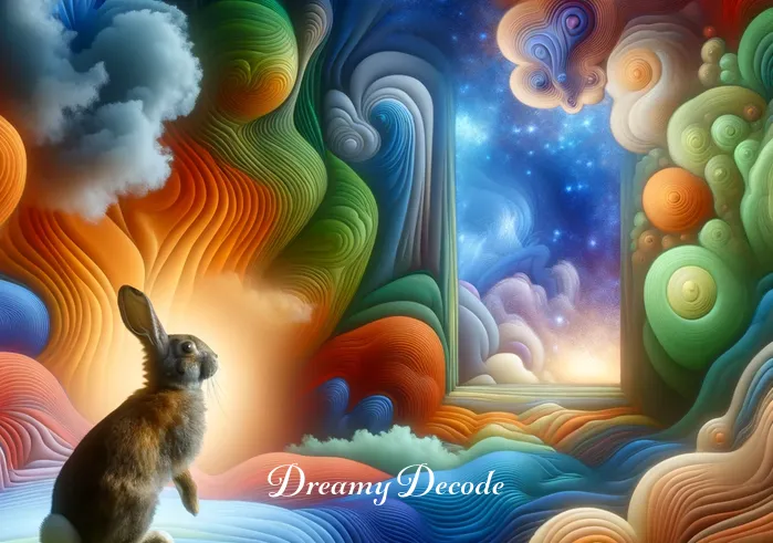 brown rabbit dream meaning islam _ A dream-like scene with the same brown rabbit from the field now appearing in a more abstract, colorful environment, representing the deepening of the dream journey and the search for meaning.