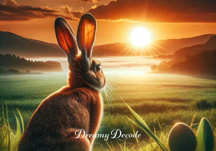 brown rabbit dream meaning islam _ The brown rabbit, now seen against a backdrop of a rising sun and a serene landscape, suggesting a sense of enlightenment and fulfillment at the end of the dream journey.