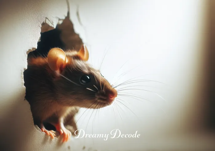 brown rat dream meaning _ A brown rat peering curiously through a hole in a wall, its whiskers twitching, in a softly lit room, conveying a sense of discovery and intrigue.