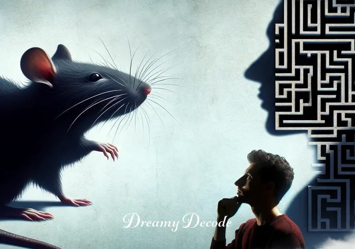 brown rat dream meaning _ A dreamer, depicted in a surreal style, lying in bed with a peaceful expression, as a shadow of a brown rat dances on the wall, symbolizing subconscious exploration.