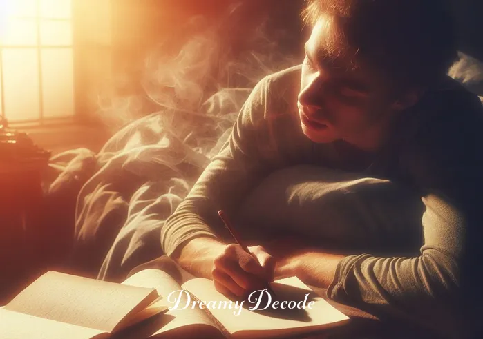 brown rat dream meaning _ The dreamer, now awake, scribbling in a journal by the bedside, with a look of enlightenment, as the morning sun casts a warm glow, symbolizing personal insight and growth.