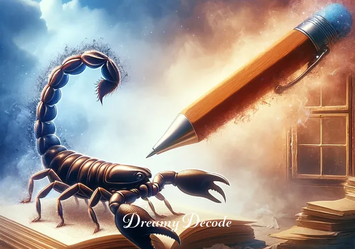 brown scorpion dream meaning _ The same person now asleep, with a dream bubble showing a vivid image of the same brown scorpion, symbolizing introspection and personal challenges.